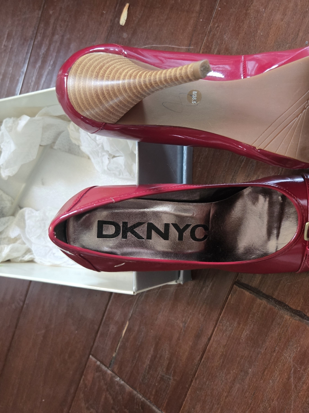 DKNYC Patent Red Pointed Toe Stiletto Pumps